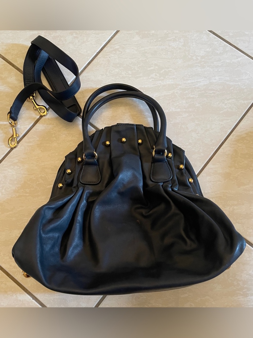 Valentino Garavani Navy Blue Pleated Leather Studded Kiss-Lock Satchel Bag